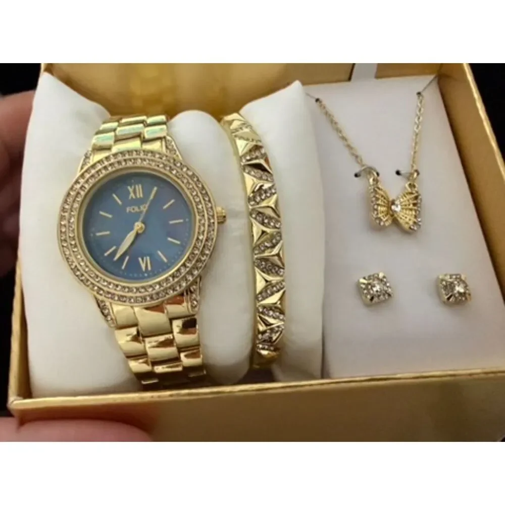 Folio Ladies' Three-Hand Gold-Tone Watch bracelet, necklace and earrings